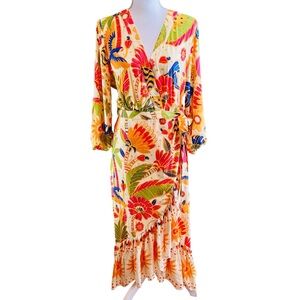 FARM Rio | Dresses | Farm Rio X Anthropologie Long Sleeve V Neck Wrap Midi  Dress Sz L Tropical Summer | Poshmark